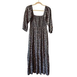 Marine Layer Ivy Smocked Midi Dress XS Tiered Pockets Gray Floral 3/4 Sleeve